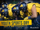 Photo of West Virginia football players lining up before the snap with promotional text about Youth Sports Day.