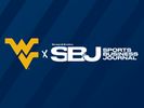 Graphic with dark blue background has gold WV Flying logo and white Sports Business Journal logo side by side.