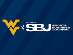 Graphic with dark blue background has gold WV Flying logo and white Sports Business Journal logo side by side.