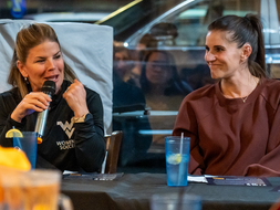 Nikki Izzo-Brown makes a point as Meg Bulger watches on during a panel discussion at Kegler's.