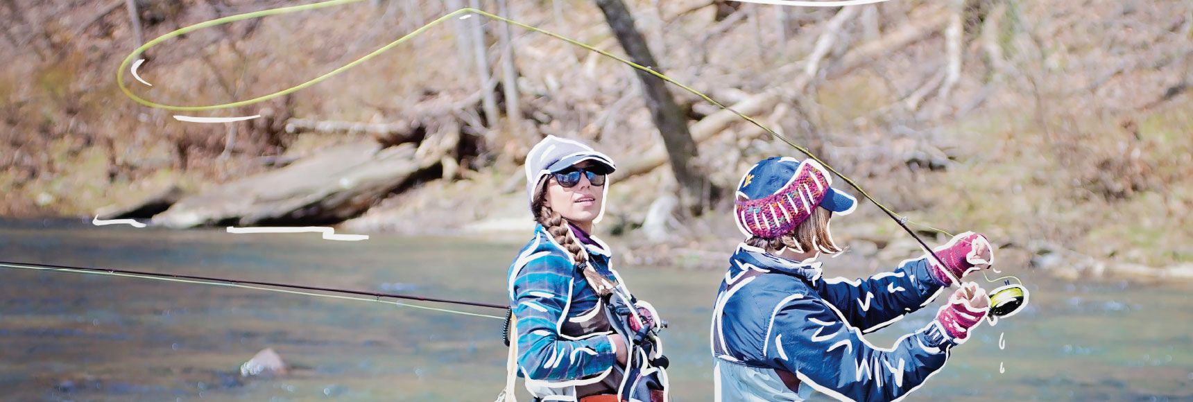Ann and Kim fly fishing in a rambling brook. 