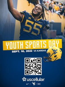 Poster showing football player smiling at fans. Promoting Youth Sport Day, Sept. 10.