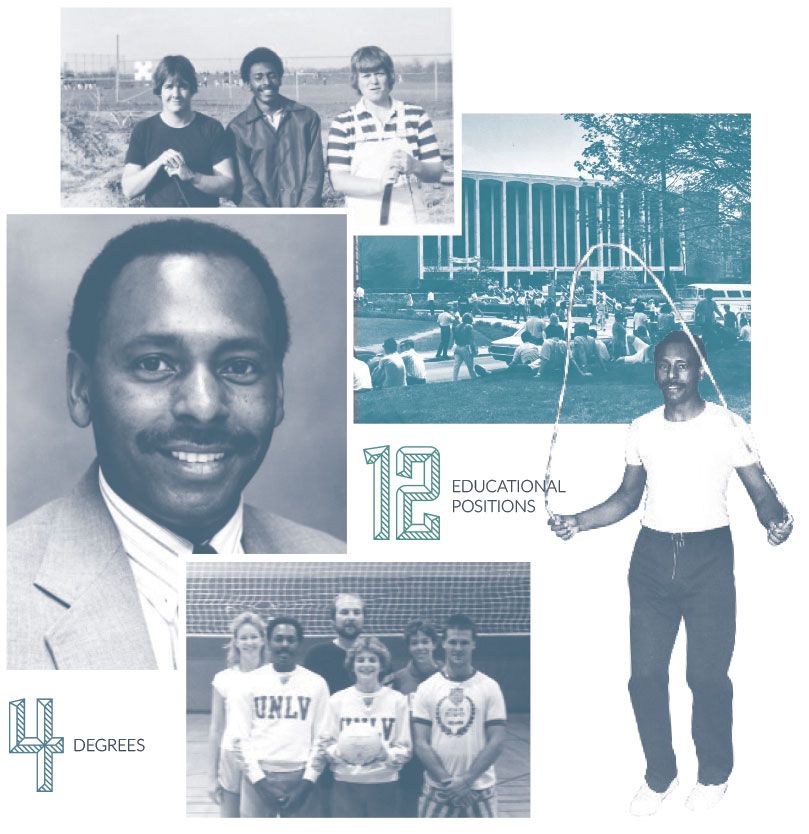 Several portraits of young Dana Brooks with infographics stating his 12 Educational Positions and 4 degrees